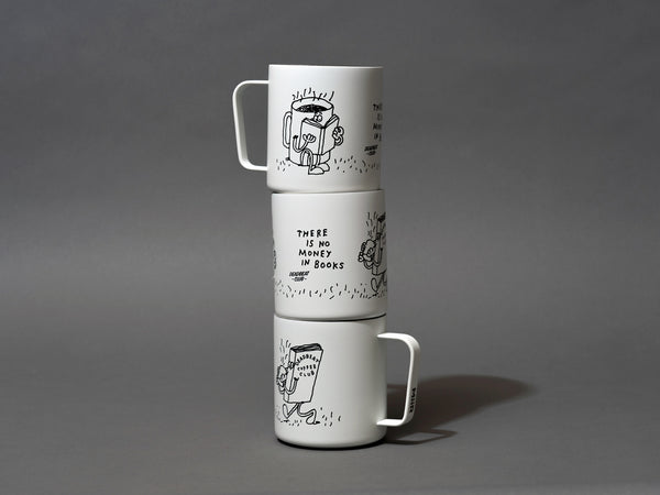 Three cups stacked tall. Insulated coffee cups featuring wrap-around illustrations by artist Stefan Marx. A book drinking a cup of coffee and a coffee mug reading a book. "There's no money in books." "Deadbeat Club Coffee" "Deadbeat Club"