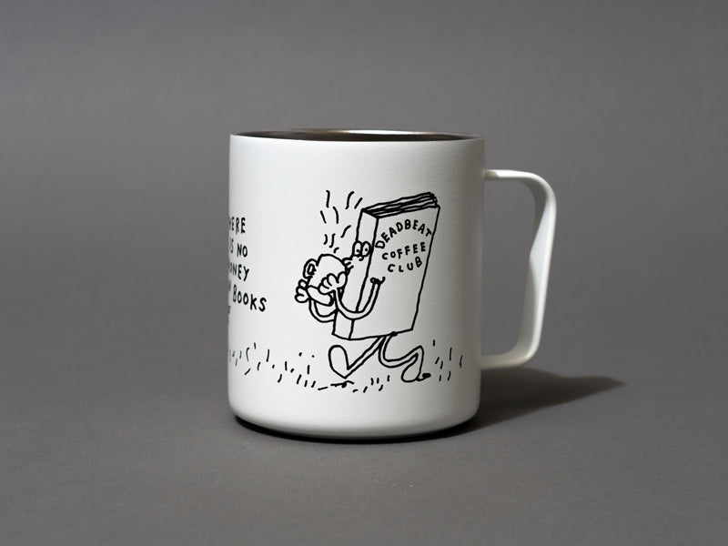 Close up graphic. Insulated coffee cups featuring wrap-around illustrations by artist Stefan Marx. A book drinking a cup of coffee and a coffee mug reading a book. "There's no money in books." "Deadbeat Club Coffee" "Deadbeat Club"