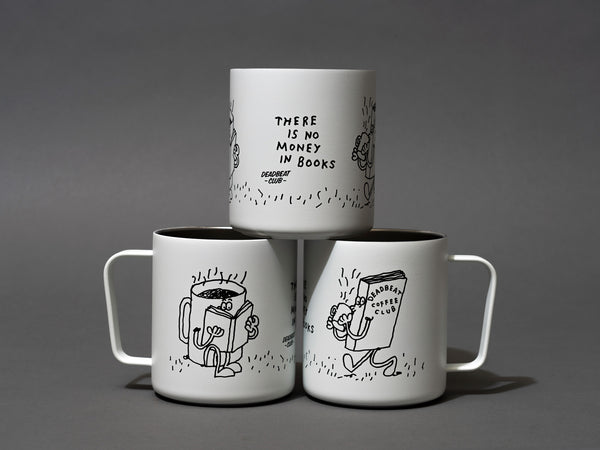 Three cup pyramid. Insulated coffee cups featuring wrap-around illustrations by artist Stefan Marx. A book drinking a cup of coffee and a coffee mug reading a book. "There's no money in books." "Deadbeat Club Coffee" "Deadbeat Club"